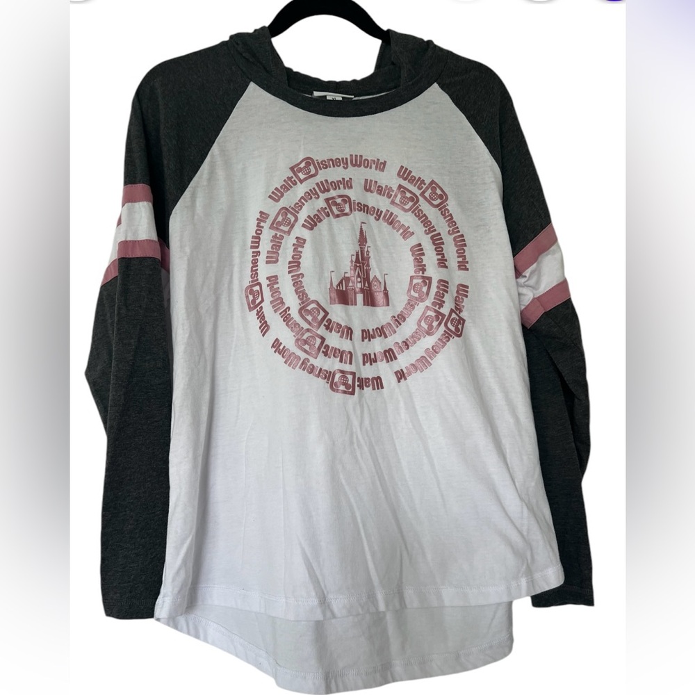 Womens Walt Disney World Hooded Long Sleeve Shirt Size XL White Gray Pink